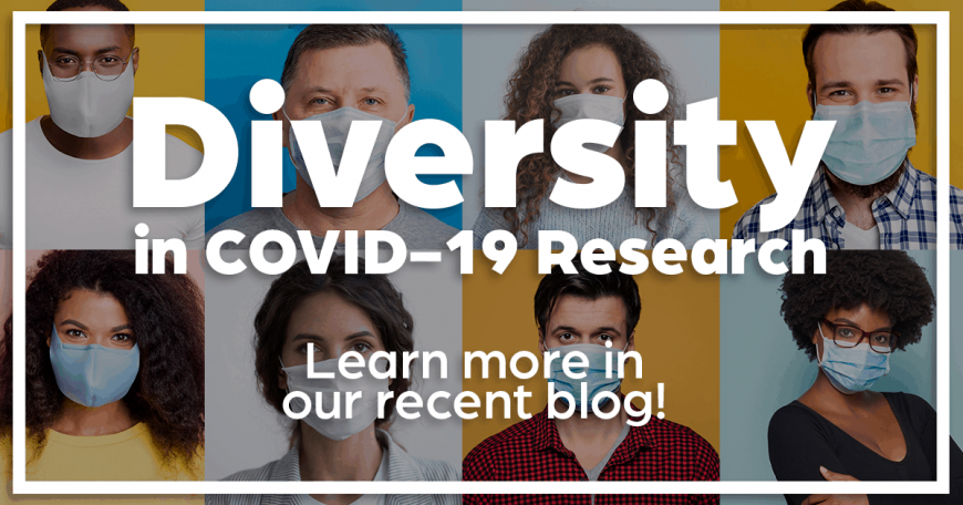Diversity in COVID-19 research, pictures of 4 diverse people with masks
