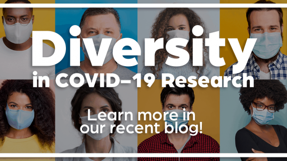 Diversity in COVID-19 research, pictures of 4 diverse people with masks